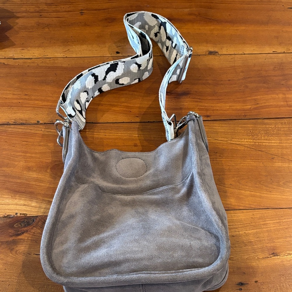 Gray Suede Crossbody with Patterned Detachable Strap